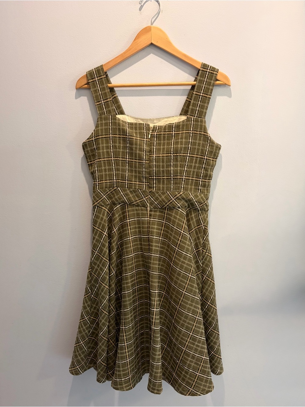 Handmade Cotton Plaid Olive Green Square-Neck A-Line Skater Dress - Picture 2 of 7